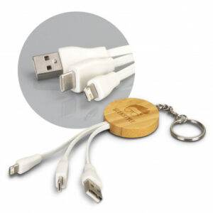 Promotional Bamboo Charging Cable Key Ring - Round